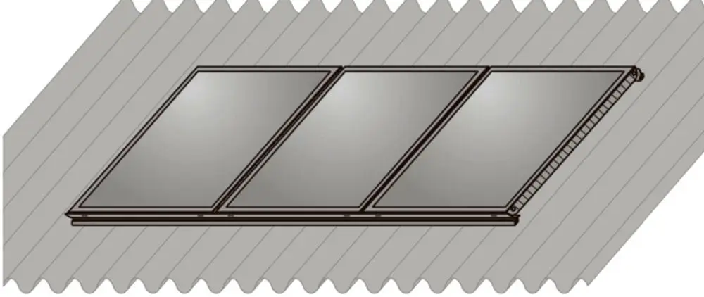 Dachmontage-Set zur Installation von Solarthermie-Kollektoren auf Wellblechdächern, dargestellt in schematischer Ansicht. Marke Wolf ist im Design integriert.